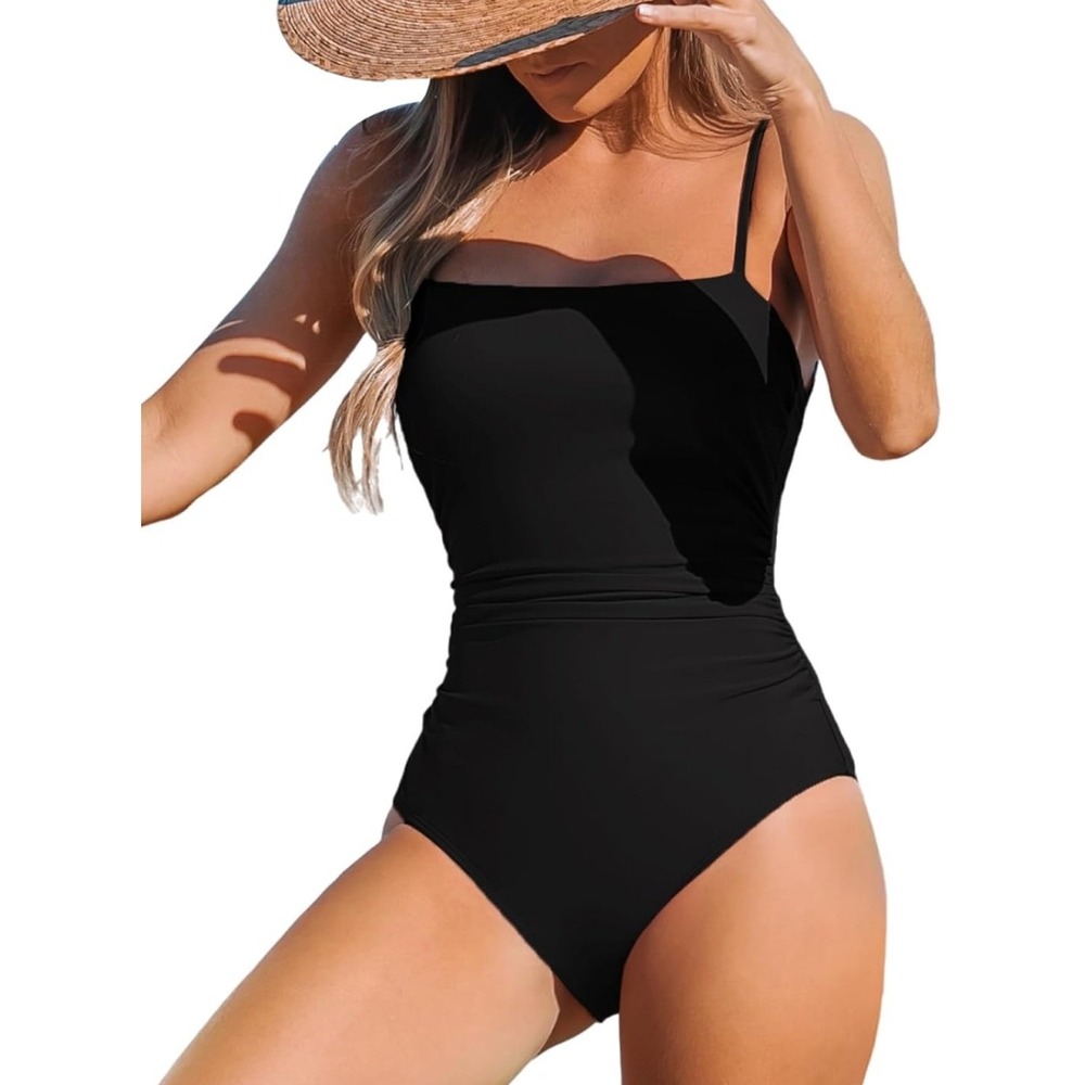 Cupshe Womens One Piece Swimsuit S Black Ruched Tummy Control Strappy Beachwear